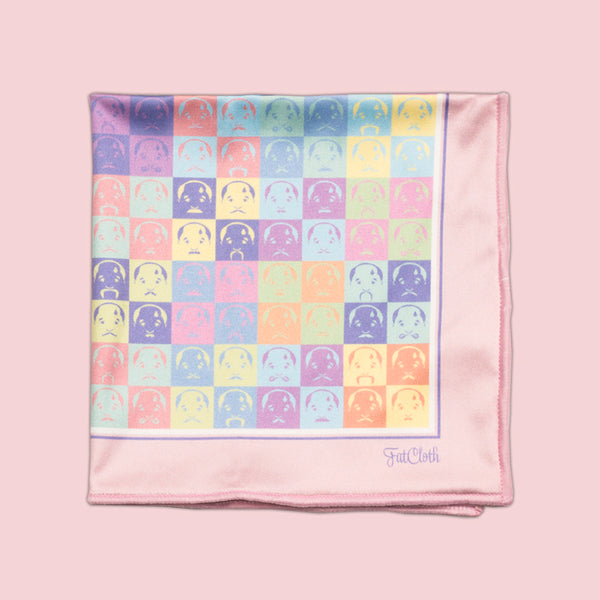 FatCloth Jukka pocket square’s chequered pastel illustration of different moustache styles make for a great discussion opener
