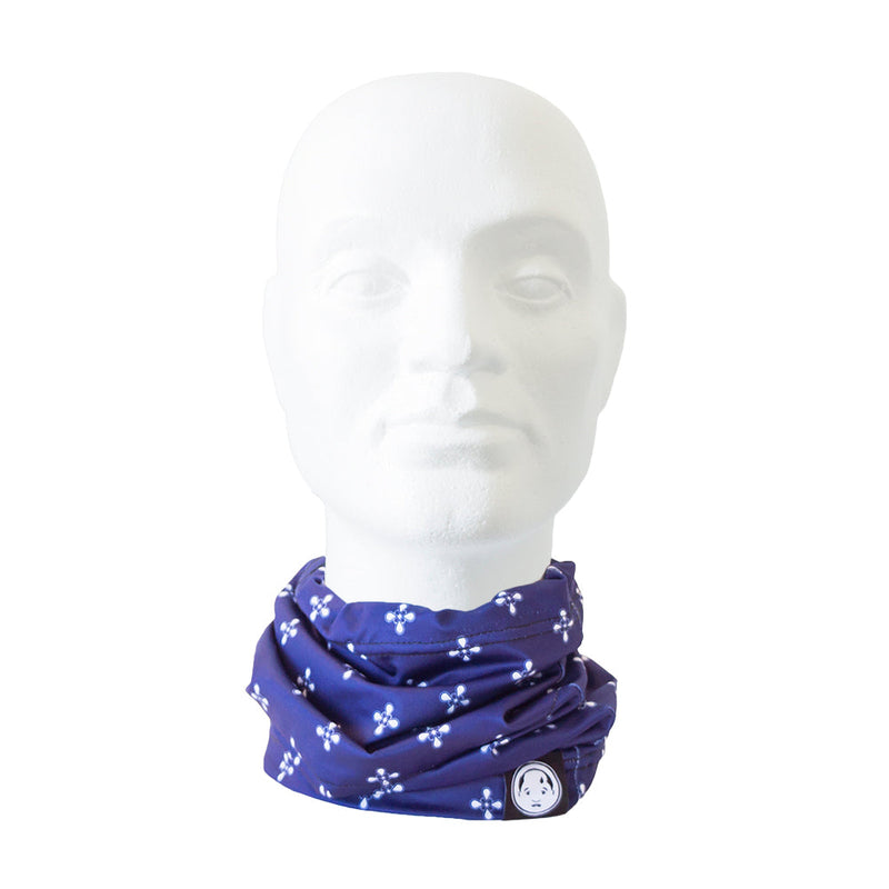 Multipurpose FatCloth Lucas Turtle – a modern ascot scarf in stylized ink blue fleur de lis pattern  