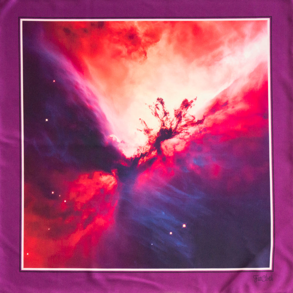 A multipurpose FatCloth pocket square featuring a vibrant space nebula print with red, pink, and blue cosmic clouds, bordered by a solid purple frame.