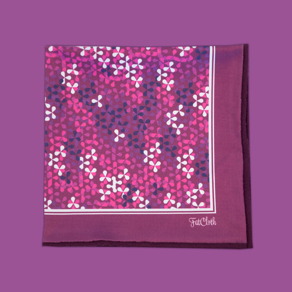FatCloth Manuel Purple pocket square with stylized drop-flower pattern in violet and white