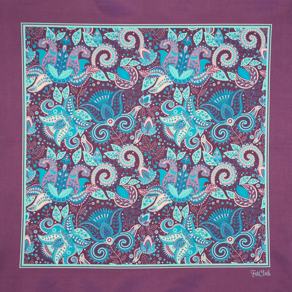 FatCloth Marty pocket square pattern in violet, blue and aqua is something the caterpillar from Alice in wonderland would probably wear if it had pockets