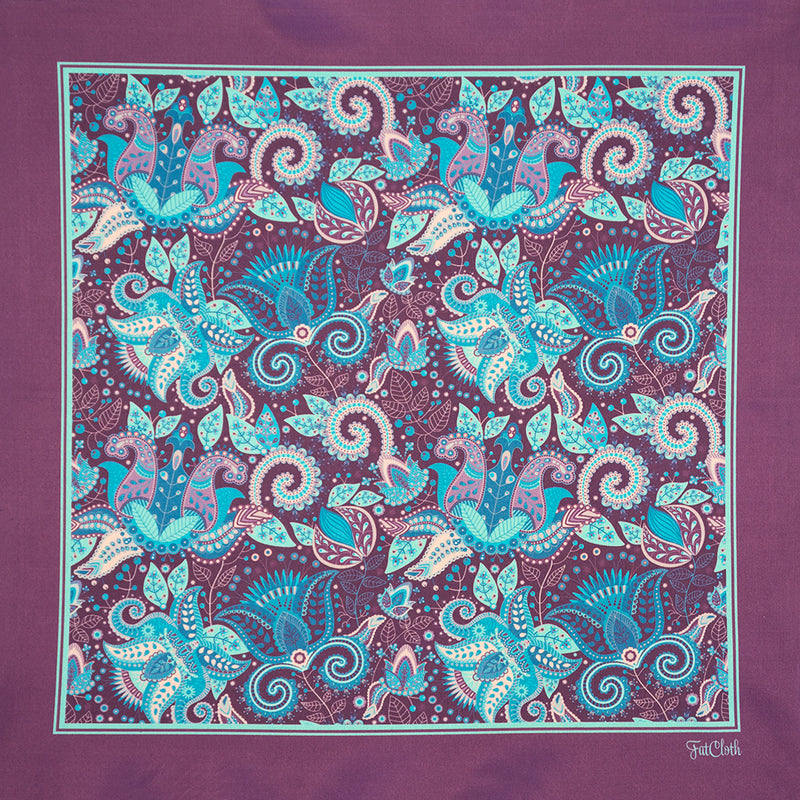 FatCloth Marty pocket square pattern in violet, blue and aqua is something the caterpillar from Alice in wonderland would probably wear if it had pockets