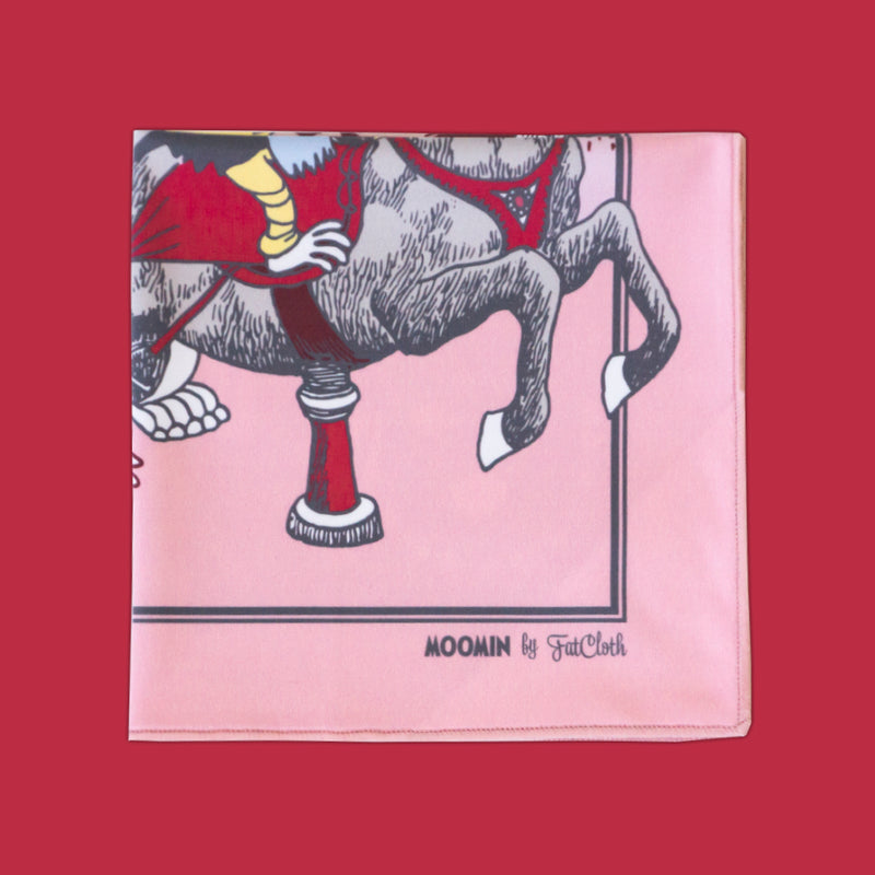 Pink, red and gray Moomin Carousel multipurpose pocket square by FatCloth featuring Muddler, Mymble and her kids in having fun