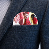 Moomin Carousel by FatCloth pocket square’s pink and red colour palette works well together with shades of blue or gray