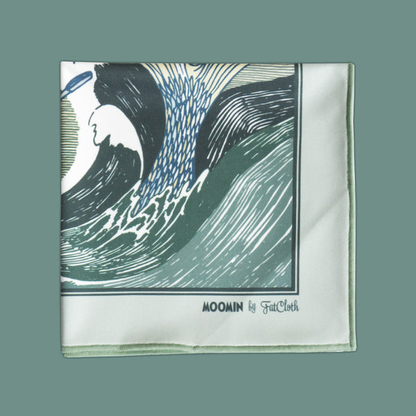 Light green and pale yellow Moomin Catch multipurpose pocket square by FatCloth featuring the Moomintroll, his friends and the giant Mameluke 