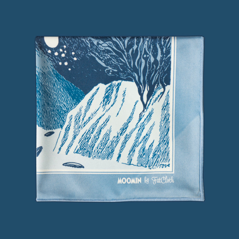 Blue toned Moomin Dive multipurpose pocket square by FatCloth features Moomintroll taking a dive into the sea 