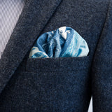 Moomin Dive by FatCloth pocket square’s blue colour palette works especially well with tan and brown suits