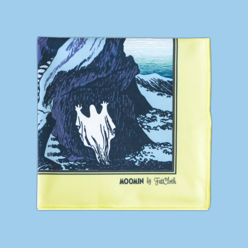 Yellow, blue and teal Moomin Lighthouse multipurpose pocket square by FatCloth features the Island Ghost