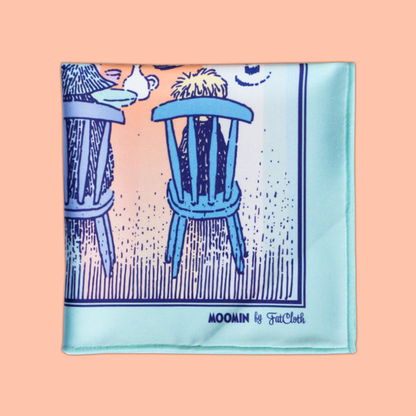 Hero image of FatCloth for Moomin pocket square in Multicolor pastel hues of pale blue, light green orange, purple, pink and yellow featuring Whomper, Snufkin, Hemulen, Fillyjonk, Grandpa-grumble and Mymble are having a splendid party