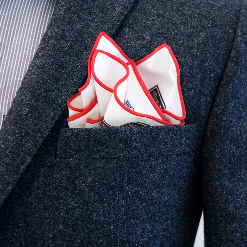 FatCloth Musashi Blood’s reverse puff fold accentuates the dramatic red edges of the pocket square’s design