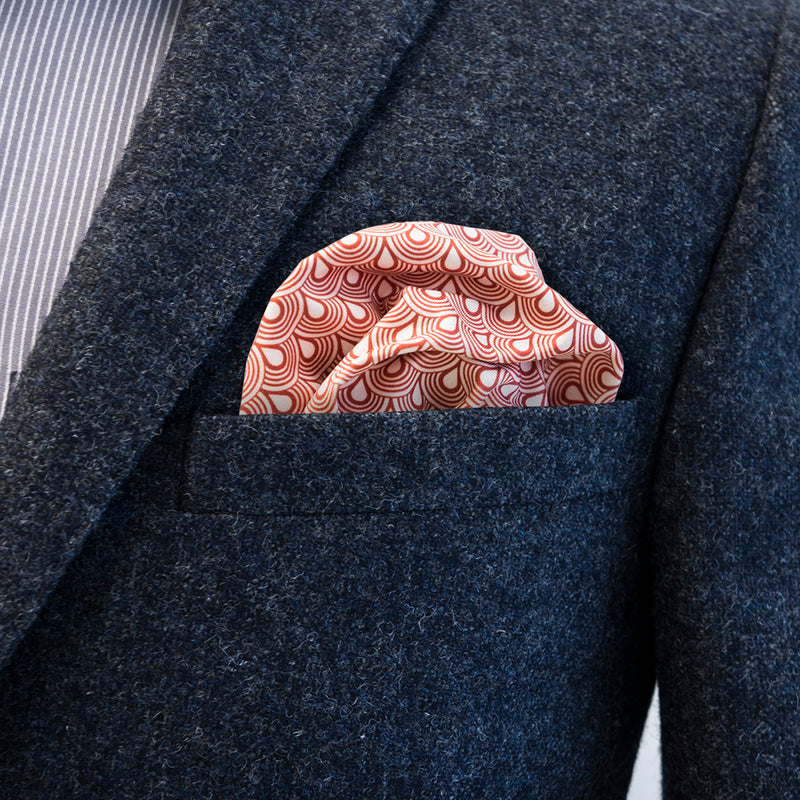 Musashi Red pocket square’s classic wave pattern is created from FatCloth’s signature drop element and plays well together with gray, brown, blue and black suits
