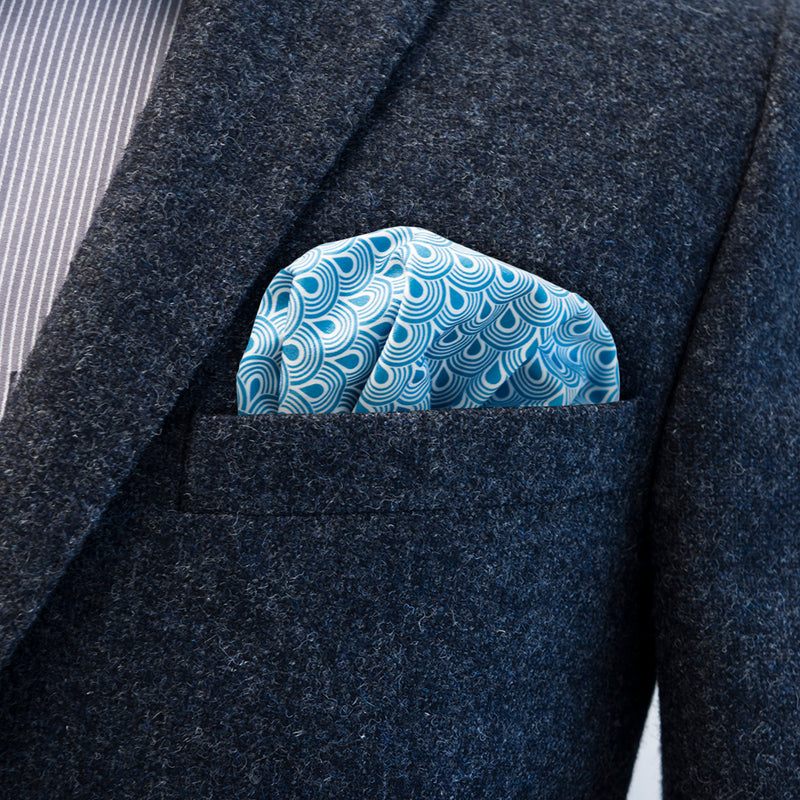 FatCloth Musashi Blue pocket square’s simple oriental pattern is created from FatCloth’s signature drop symbol and it works well with most combinations