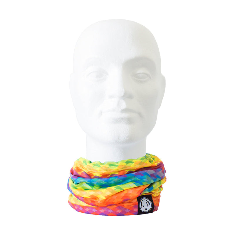 Multipurpose FatCloth Nigel Turtle – a modern ascot scarf in colourful rainbow printed pattern