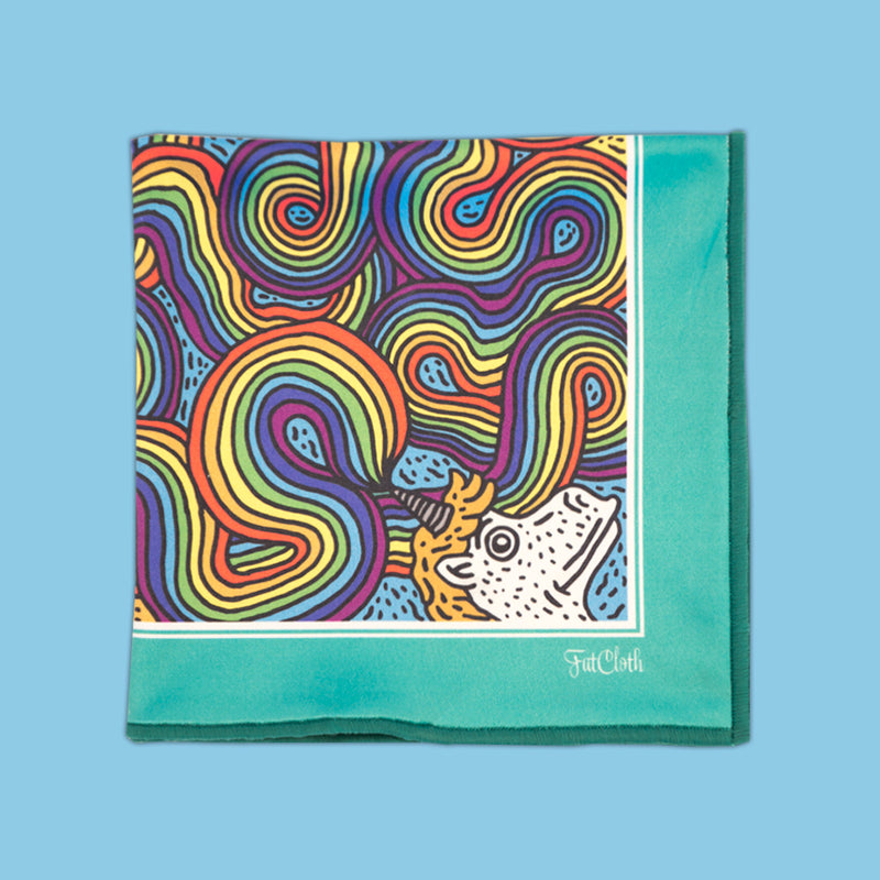 Colourful rainbow pocket square Säihkyturpa by FatCloth brings the cartoon power-animal to life in your pocket