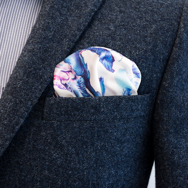 Subtle blue watercolour pattern of FatCloth Sammy pocket square works great in complementing relaxed outfits and combinations