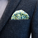 Pocket square FatCloth Stanley Green gives nice contrast to red jackets and complements natural colors like brown and gray 