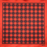 Red and black lumberjack pattern of Stig features FatCloth’s signature drop symbol in classic crosshatch background