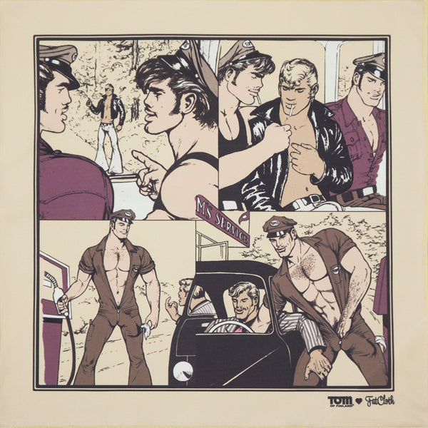 FatCloth Tom of Finland Lacey’s light brown pocket square pattern tells a story of a hitchhiker 