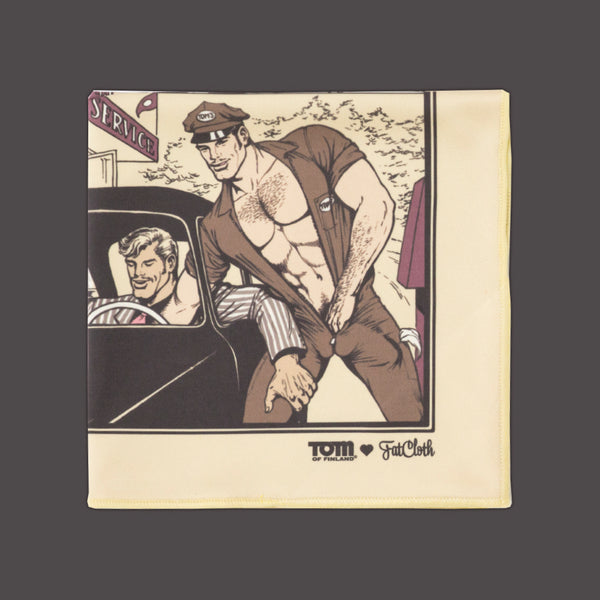 Inspiring beige pocket square Lacey by FatCloth features original art from Tom of Finland’s explicit comics