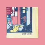 FatCloth for Moomin pocket square in blue, red, white & yellow hues featuring Little My ice skating and Too-Ticky hanging laundry to dry