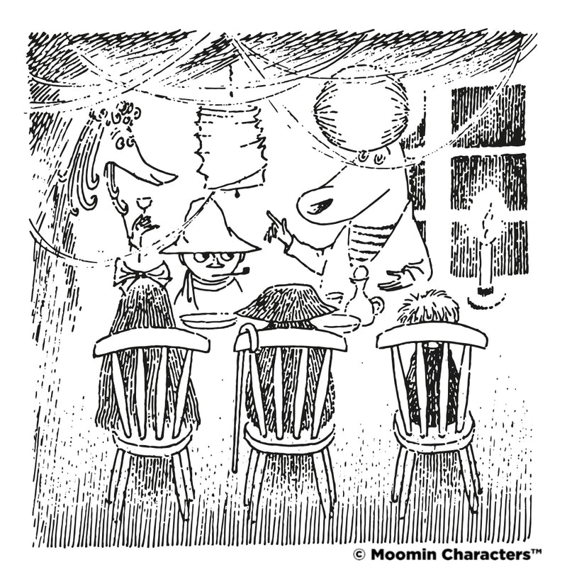 The original black & white illustration of the Moomin Party scene