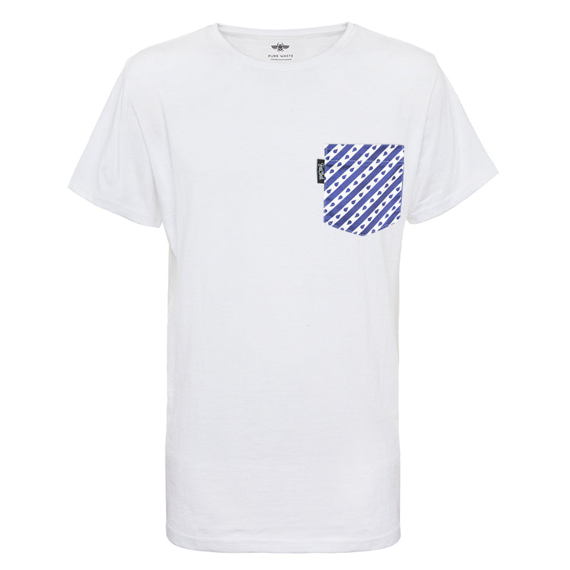 Pocket T-shirt white, dark blue striped pocket, recycled, sustainable