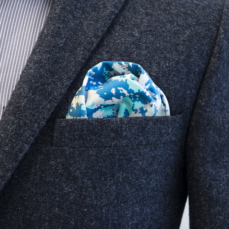 Design pocket square, retro pattern, puff fold, 8-bit, games, urban camo, blue, grey, turquoise