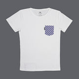 Pocket T-shirt white, dark blue striped pocket, recycled, sustainable